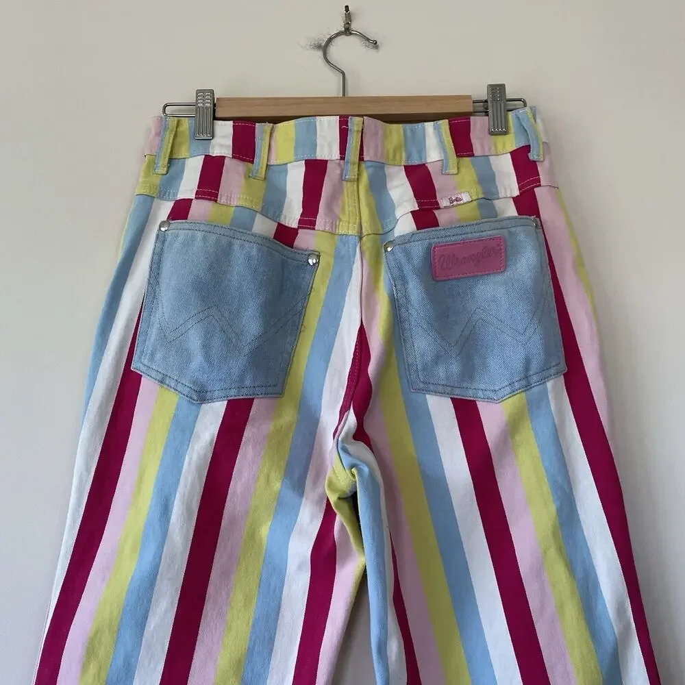 Wrangler Barbie Jeans Womens 29x31.5 Multicolor Striped Flare Denim Barbiecore - Picture 8 of 15